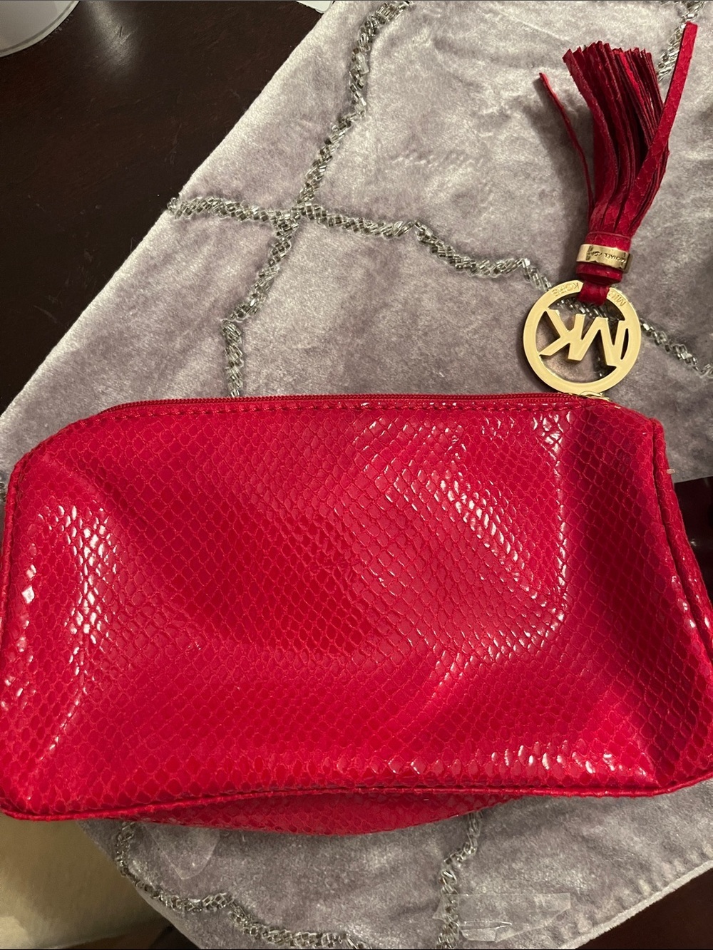 Michael Kors Red Patent Snake-Embossed Cosmetic Case with Tassel Charm